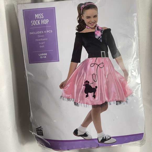 Miss Sock Hop Kids Size L 12/14  Halloween Costume - Pink and Black NWT 4PCS - Picture 1 of 5